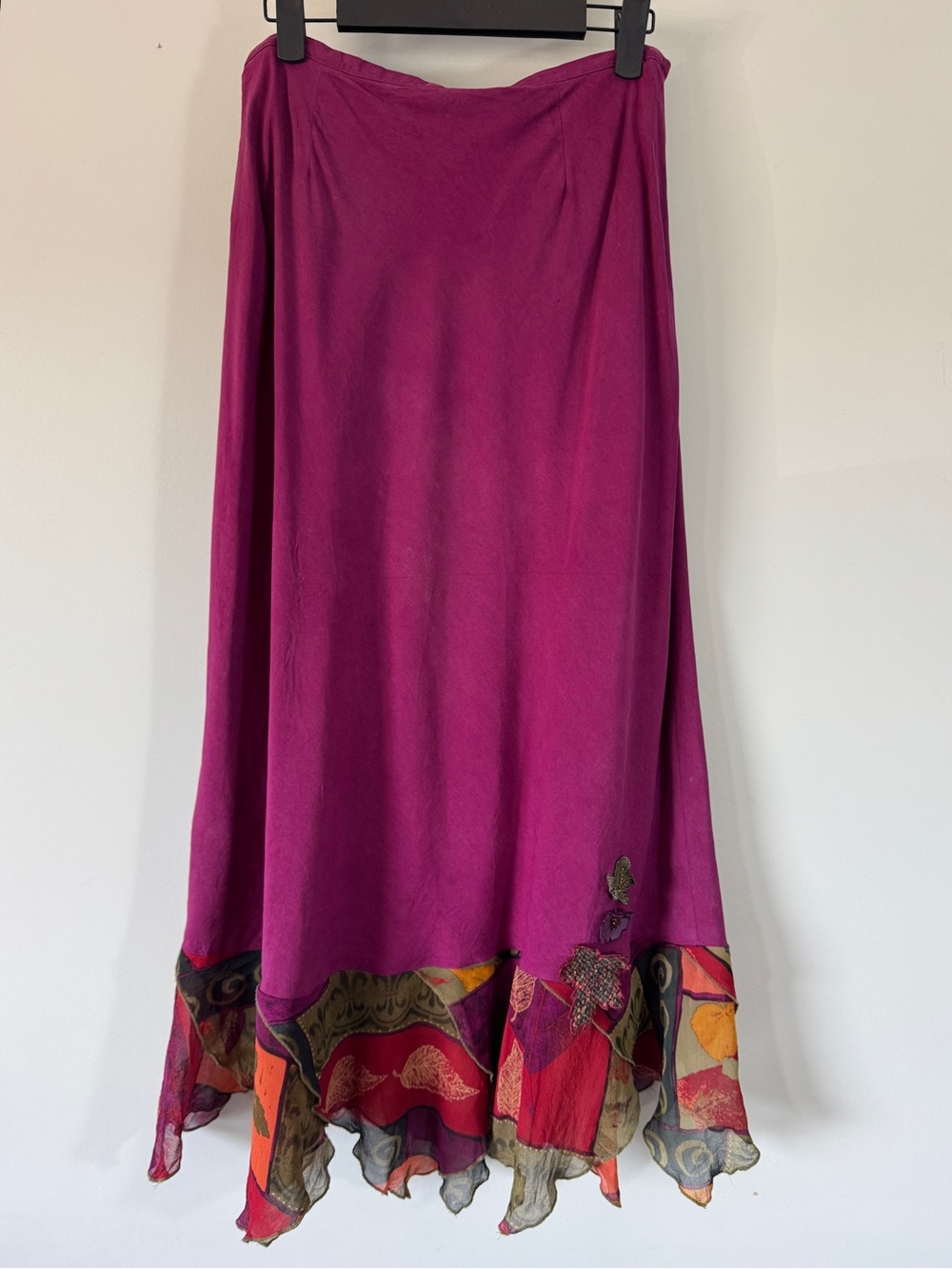 Vintage Nancy Bolen City Girl Silk Handkerchief Maxi Skirt Magenta Appliqué Sz 8